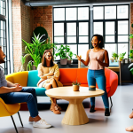 A diverse group of people engaged in open conversation, gesturing and smiling, in a brightly lit modern co-working space filled with plants and colorful furniture, symbolizing a safe and supportive environment for sharing ideas.
