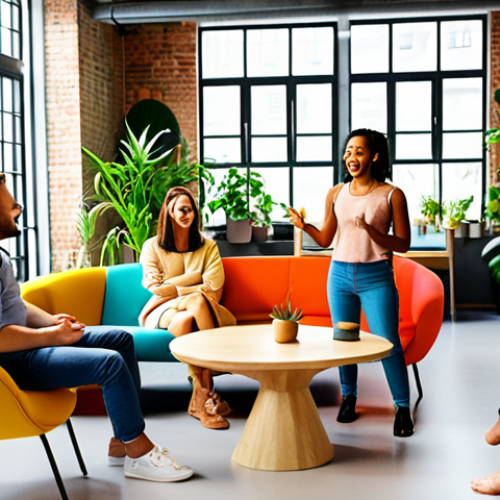 A diverse group of people engaged in open conversation, gesturing and smiling, in a brightly lit modern co-working space filled with plants and colorful furniture, symbolizing a safe and supportive environment for sharing ideas.