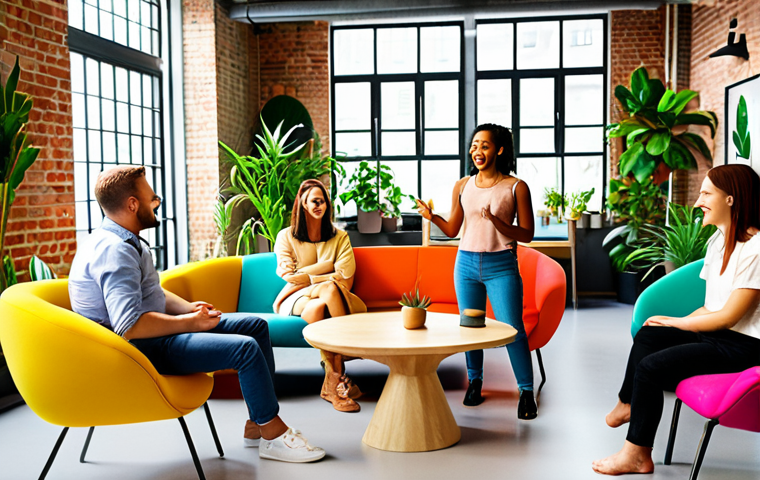 A diverse group of people engaged in open conversation, gesturing and smiling, in a brightly lit modern co-working space filled with plants and colorful furniture, symbolizing a safe and supportive environment for sharing ideas.